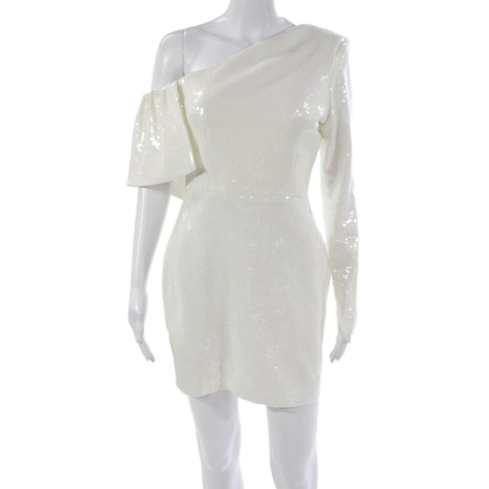 Alex Perry Women Mini One Shoulder Dress White Long Sleeve Zip Size 10